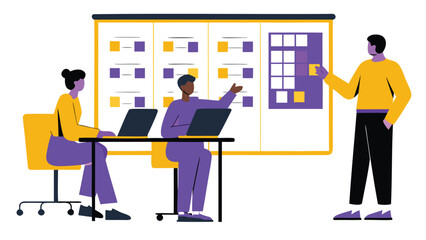 Team of coworkers collaborating on a project using a kanban board and laptops during a planning session