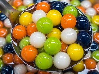 Colorful sweet rice balls in syrup with a metal ladle