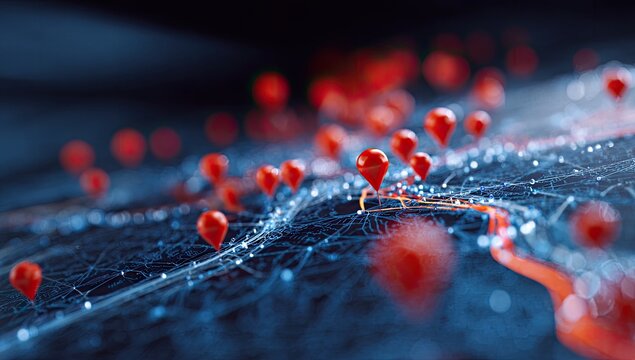 Abstract digital network landscape with glowing blue lines and numerous red location markers - Powered by Adobe