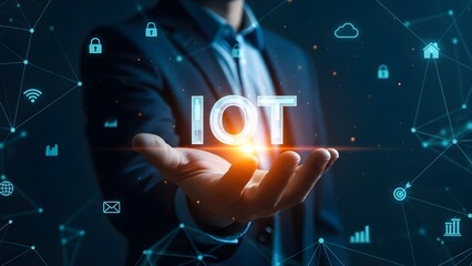 Close-up of a suited man holding the acronym IoT in his palm with glowing orange light against a dark background with blue network icons and connections.