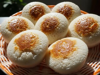 Fluffy steamed rice cakes with golden centers in a basket
