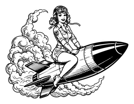 Retro Pinup Girl Riding Rocket Line Art Vector &ndash; Vintage Aviation Comic Style