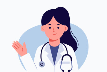 Fototapeta premium Friendly female doctor cartoon illustration with stethoscope and raised hand, depicting healthcare professional.