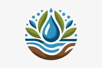 Fototapeta premium A stylized circular logo depicting a blue water drop, green leaves, water, and earth, symbolizing nature and environmental conservation.