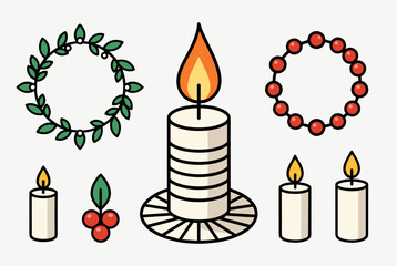A collection of festive holiday decorations featuring candles, wreaths, and holly berries.