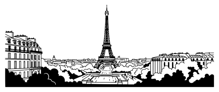 Eiffel Tower Paris Skyline Line Art Vector &ndash; Panoramic View With Haussmann Buildings