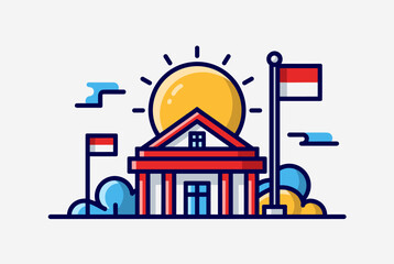 Obraz premium Stylized illustration of a government building with Indonesian flags and a rising sun, representing national pride and independence.