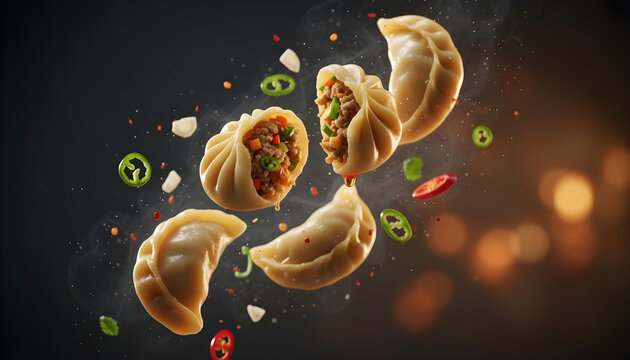 A cinematic macro shot of freshly steamed momos suspended mid-air, captured in a graceful, asymmetric swirl. Soft, pleated dumplings glisten with a delicate sheen of steam