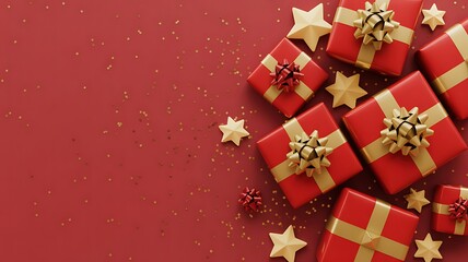 Obraz premium Festive Red Gift Boxes with Gold Ribbons and Stars
