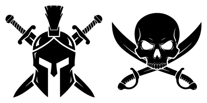 Spartan Helmet with Crossed Swords &ndash; Bold Minimalist Line Art Warrior Emblem Vector Illustration