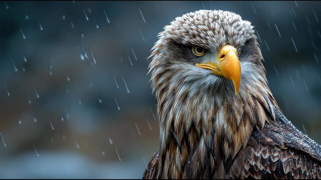 Majestic eagle with intense gaze braving the falling rain in a close-up portrait