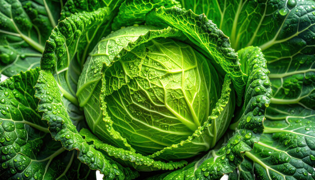 A close-up of a fresh green cabbage head with water droplets on the leaves