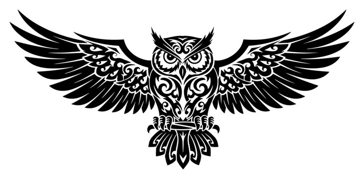 Stylized owl vector illustration with spread wings featuring intricate ornamental tribal tattoo patterns in black and white silhouette style
