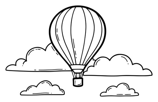 Hot air balloon vector illustration flying among fluffy clouds in the sky designed in simple black and white line art style suitable for coloring books
