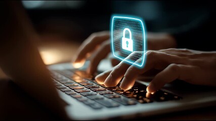 Hands typing on laptop keyboard with glowing digital padlock and binary code overlay - Powered by Adobe