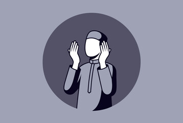 Stylized illustration of a Muslim man in prayer, raising hands to his ears.