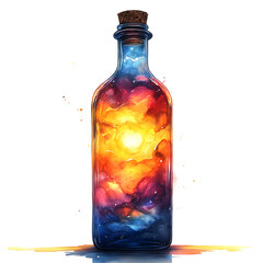  Vibrant watercolor cosmic nebula contained inside a glass bottle with a cork stopper on white background