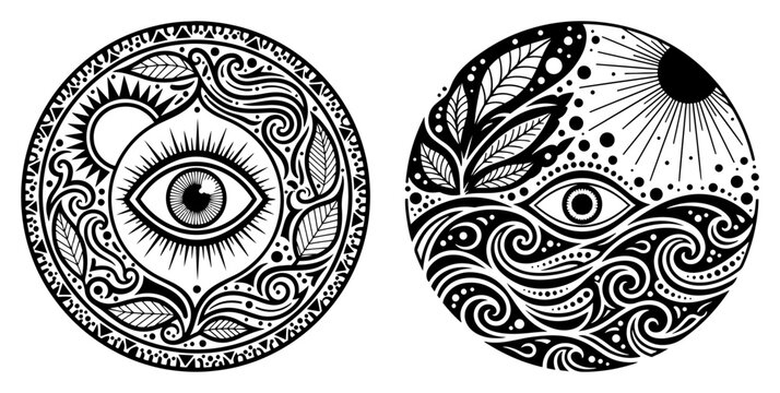 Mystic all seeing eye circular emblems with sun rays waves and floral ornaments in intricate tattoo style vector illustration