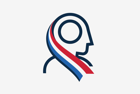 Minimalist icon of a human head profile with a flowing blue, white, and red ribbon, symbolizing French identity or government.