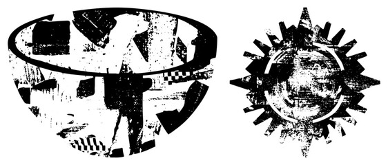 two abstract black and white vector emblems with distressed texture