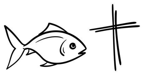 Christian symbols vector illustration depicting a fish and a holy cross drawn in a simple hand drawn sketch style representing faith and religion