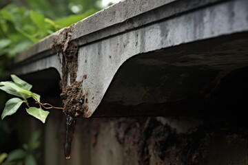 Dirty rain gutter clogged with mud and plant growing inside, dripping water