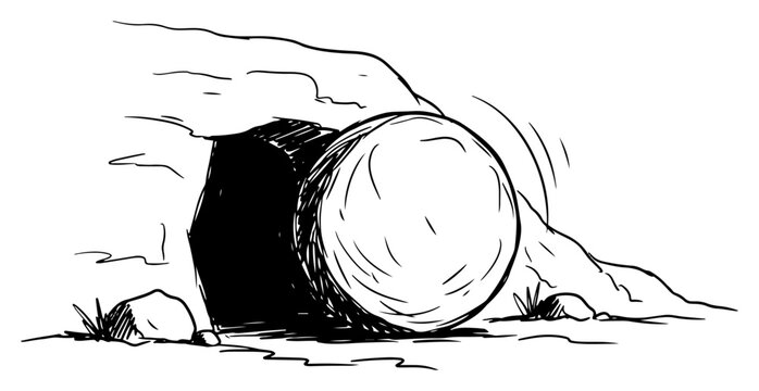 Christian empty tomb vector illustration showing the stone rolled away from the cave entrance symbolizing the resurrection of Jesus in black and white sketch style