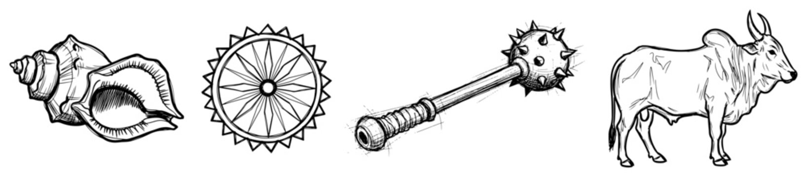 Set of Hindu religious symbols featuring conch shell chakra mace and cow vector sketch illustration for spiritual design