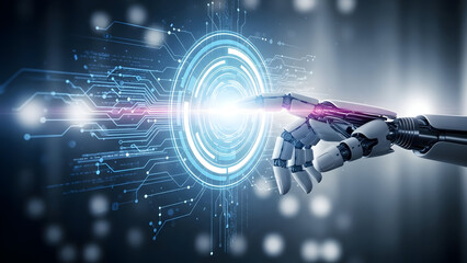 Robotic hand interacting with futuristic digital interface