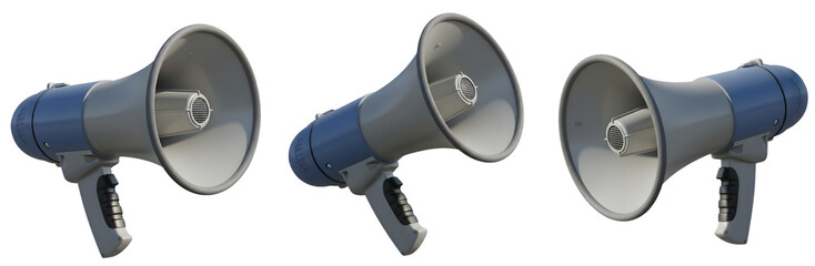 Three Professional 3D Megaphone Renderings in Blue and Gray for Marketing Promotions