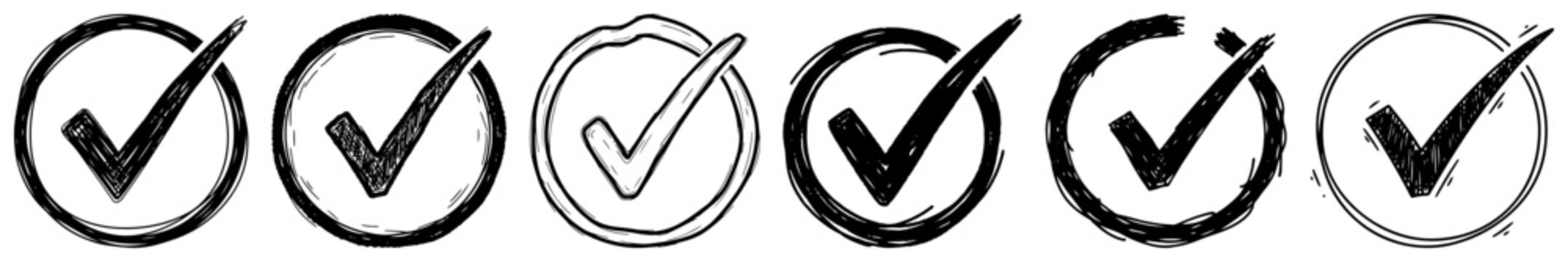 Hand Drawn Circle Check Mark Icons Set &ndash; Rough Sketch Tick Symbols Vector Illustration