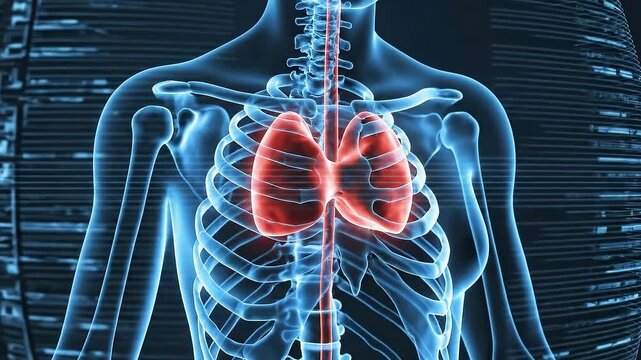 Human Skeleton with Red Lungs and Thyroid Gland Anatomy Displayed on a Dark Blue Background for Medical Health