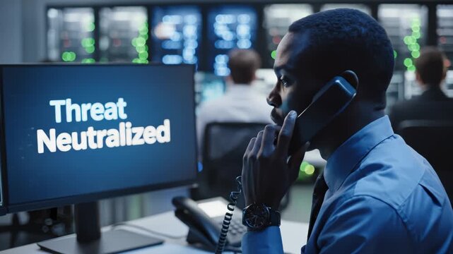 Security Analyst Talking on Phone After Threat Neutralized in Control Room