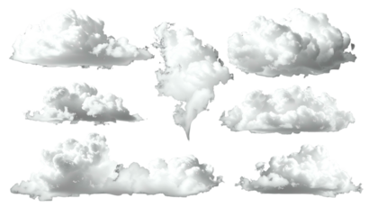 Collection of fluffy, white cumulus clouds of various shapes and sizes isolated on black