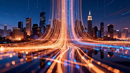 Futuristic cityscape with light trails - Powered by Adobe