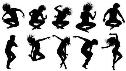 Dynamic silhouettes of contemporary and hip-hop dancers striking various energetic poses isolated on transparent background © Riyadkingline