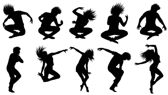 Dynamic silhouettes of contemporary and hip-hop dancers striking various energetic poses isolated on transparent background