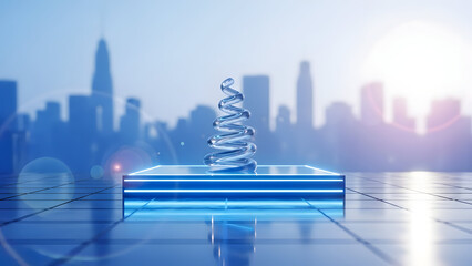 Futuristic cityscape with glowing blue dna helix on a pedestal