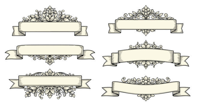 Collection of six ornate and vintage style paper banners with floral decorations and intricate details for classical design projects.
