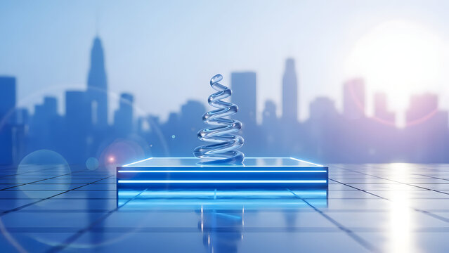 Futuristic cityscape with glowing blue dna helix on a pedestal - Powered by Adobe