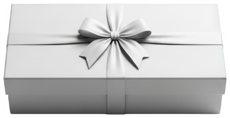 Long white gift box with wide satin ribbon and elegant bow overhead view