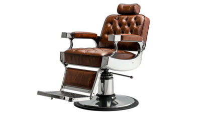A detailed image of a vintage barber chair featuring tufted leather and shiny chrome