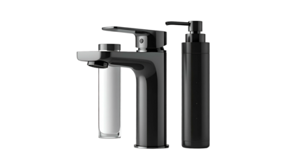 Three bathroom fixtures a faucet, tumbler, and soap dispenser, against black