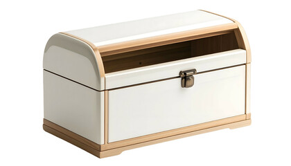 A white wooden bread box with a rounded top and light-wood trim and accents
