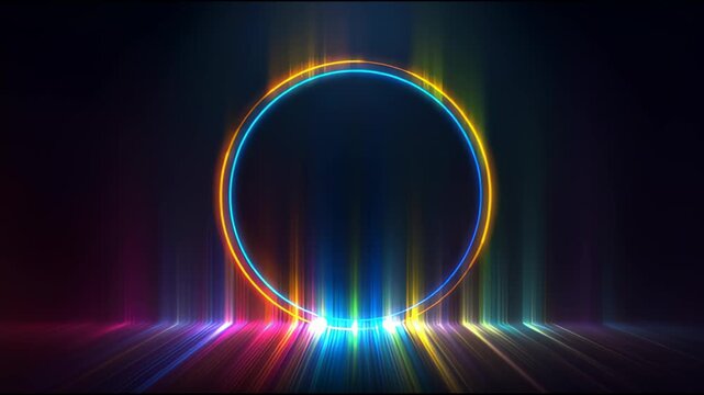 Vibrant neon circle portal with colorful light streaks on dark background