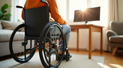 A man in a wheelchair moves to a desk with monitors at home to work