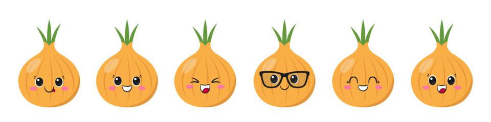 Set yellow onion, cute and fun cartoon character, healthy vegetables, emotions joy delight, big eyes, happy smiling face, kawaii style, icon vector illustration.