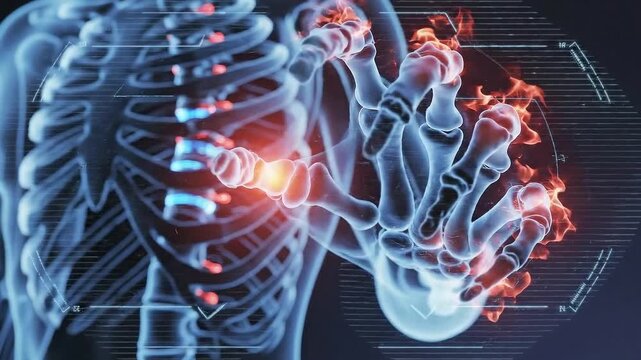 Illuminated Skeletal Hand Display with Pain Indication in Dark Background Medical Visualization for Arthritis and Joint