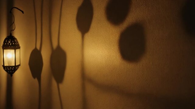 Abstract lantern-inspired shadow patterns dancing gently on textured wall surfaces with warm golden light and calm traditional atmosphere.
