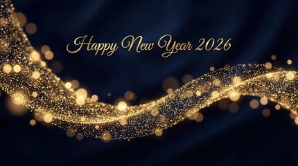 Happy New Year 2026 Greeting Card with Golden Glittering Particles and Dark Blue Background